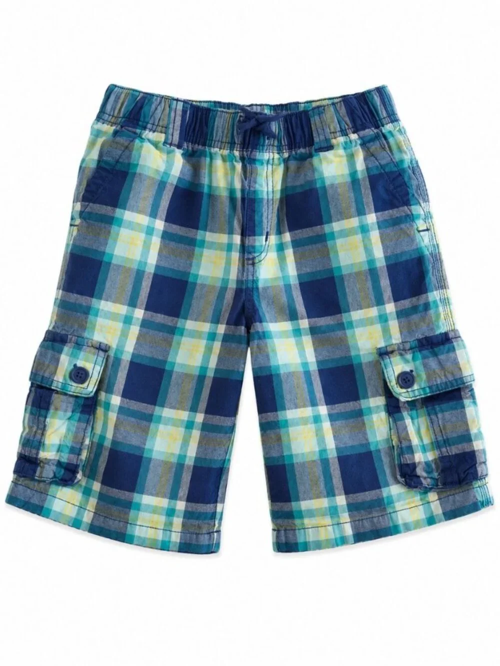 Gymboree Boys Plaid Cargo Shorts Size 10 Blue Aqua 100% Cotton Adjustable Waist